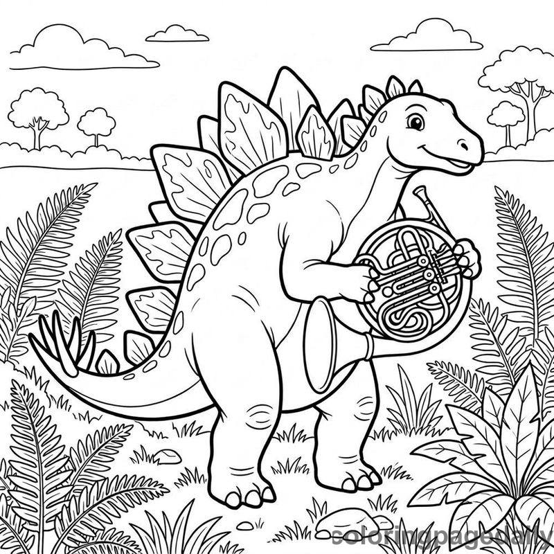 Stegosaurus Playing French Horn - Daily printable coloring page in Dinosaur category