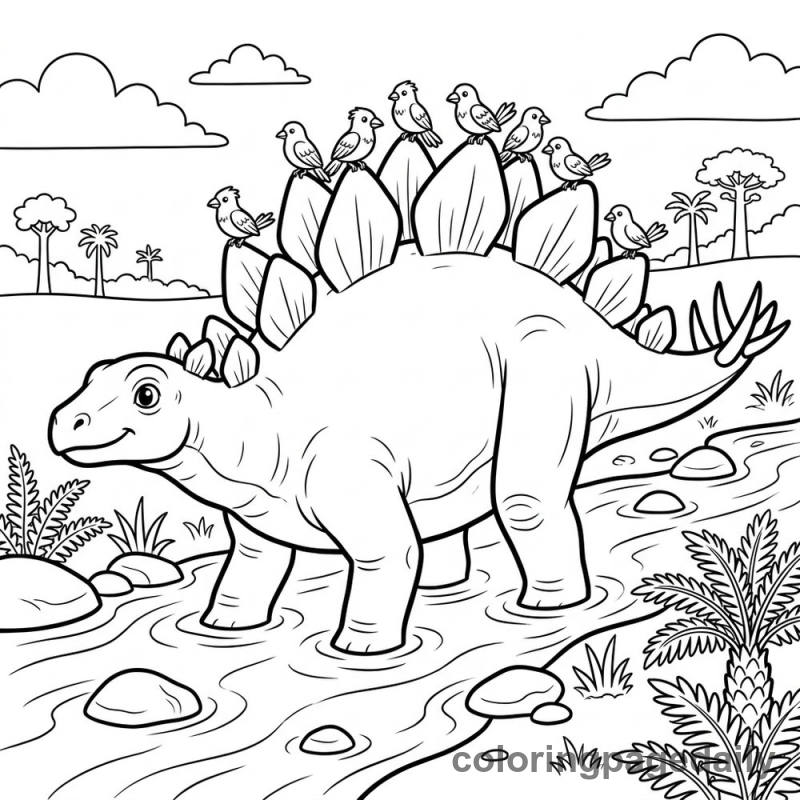 Stegosaurus With Prehistoric Birds - Daily printable coloring page in Dinosaur category