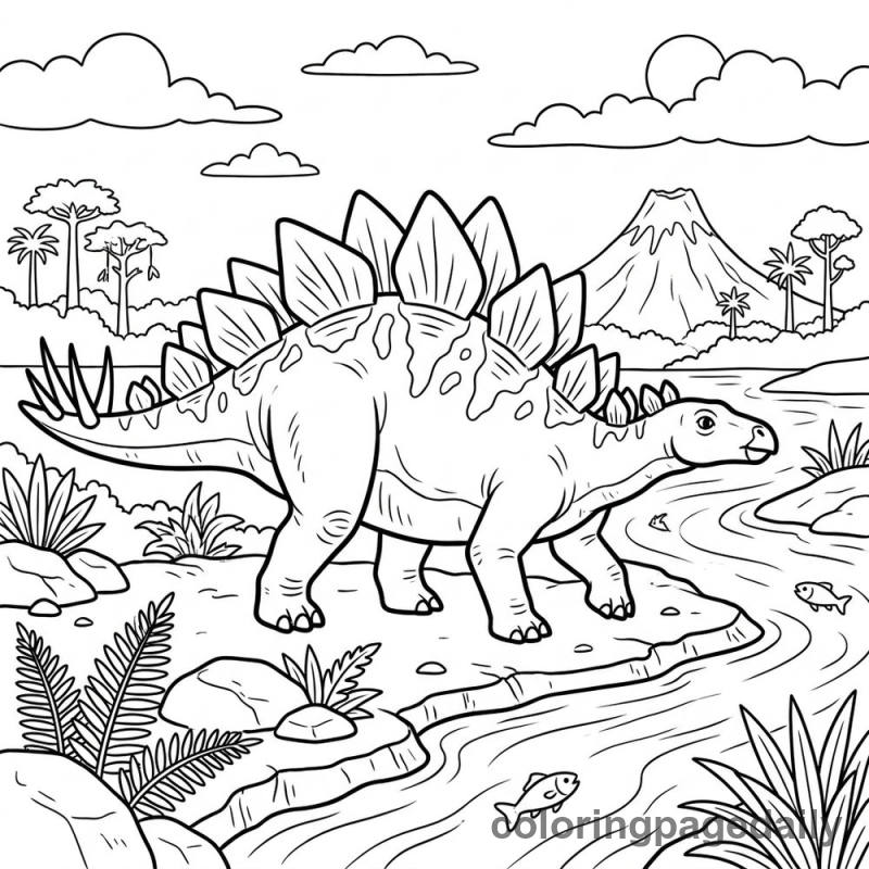 Stegosaurus River Walk - Daily printable coloring page in Dinosaur category