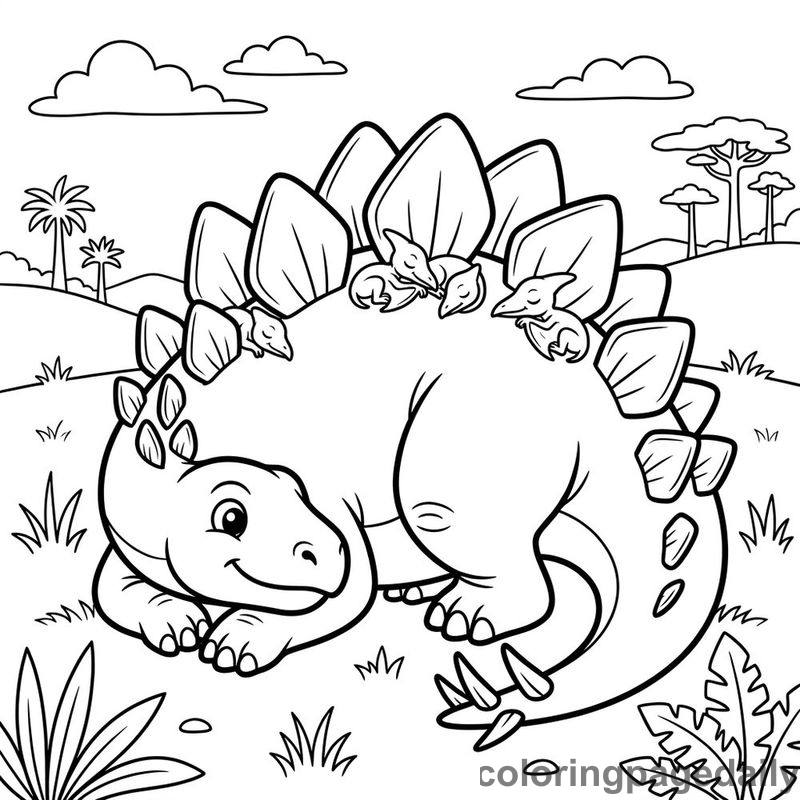 Stegosaurus And Sleeping Pteranodons - Colored reference example