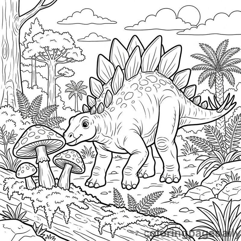 Stegosaurus Sniffing Giant Mushrooms - Daily printable coloring page in Dinosaur category