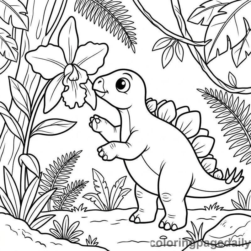 Stegosaurus Sniffing Prehistoric Orchid - Daily printable coloring page in Dinosaur category