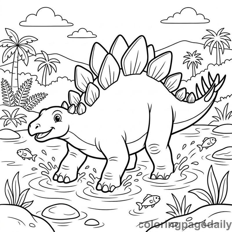 Stegosaurus Splashing River Fish - Colored reference example