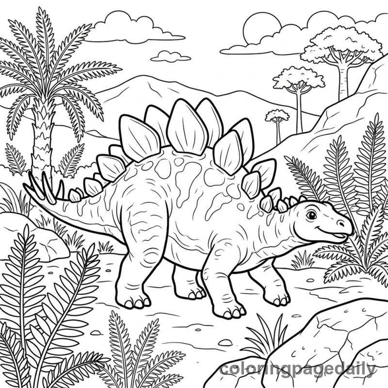 Stegosaurus Walking in Ferns - Colored reference example
