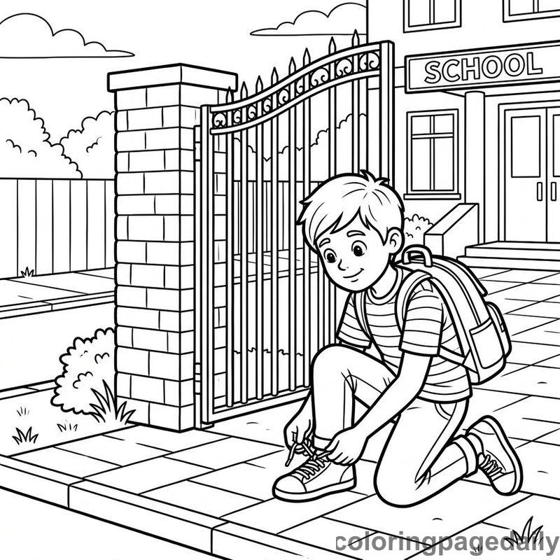 Student Tying Shoelaces At Gate - Colored reference example