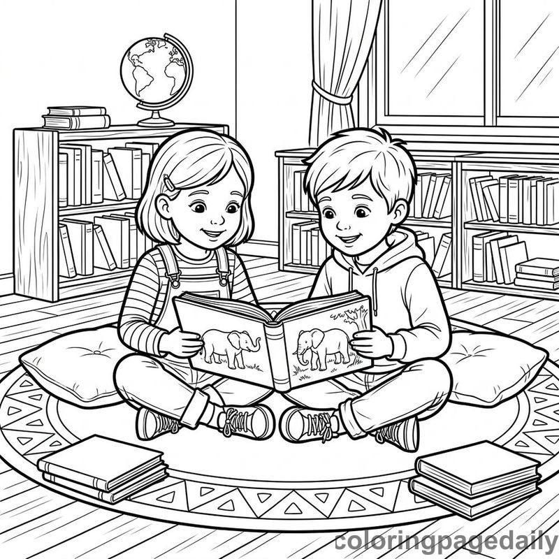 Students Sharing Picture Book - Daily printable coloring page in Back to School category