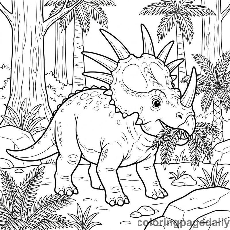 Styracosaurus Eating Ferns - Daily printable coloring page in Dinosaur category