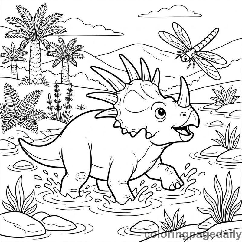 Styracosaurus River Splash - Daily printable coloring page in Dinosaur category