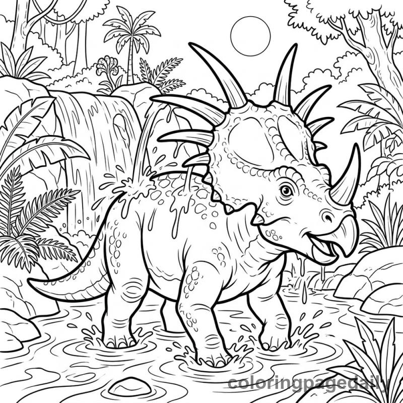 Styracosaurus Under The Waterfall - Daily printable coloring page in Dinosaur category