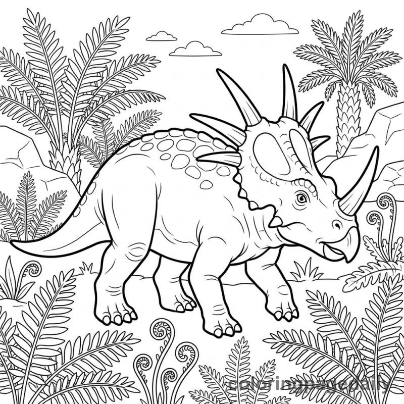 Styracosaurus Walking in Ferns - Daily printable coloring page in Dinosaur category