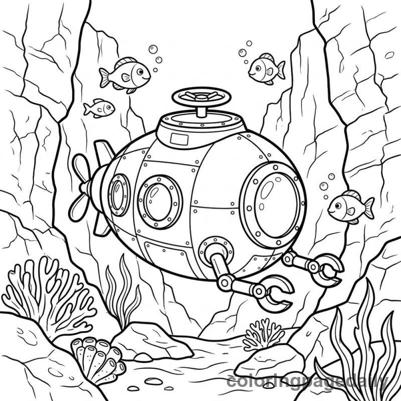Submarine Underwater Adventure - Daily printable coloring page in Ocean and Underwater Life category