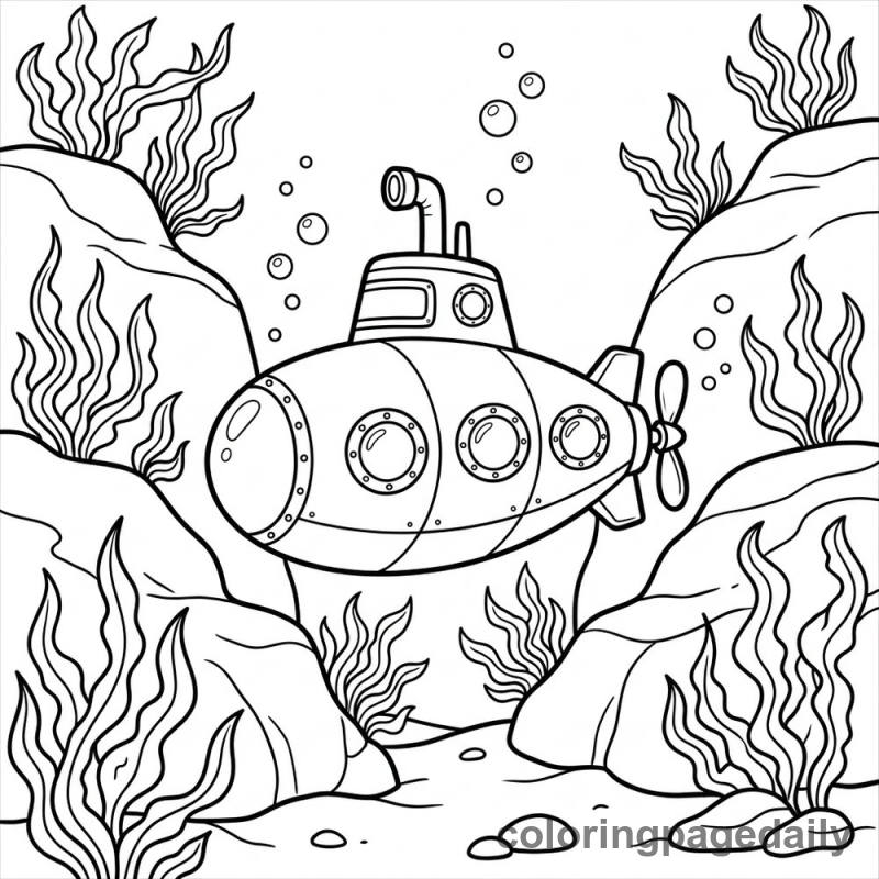 Submarine Underwater Adventure - Daily printable coloring page in Ocean and Underwater Life category