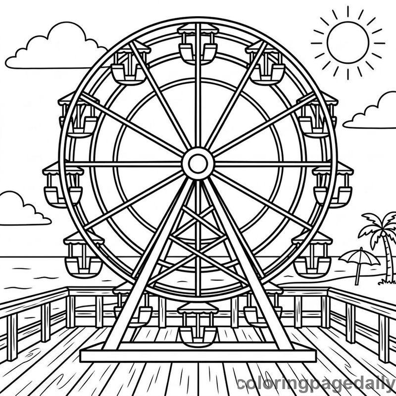 Summer Boardwalk Ferris Wheel - Daily printable coloring page in Summer Vacation category