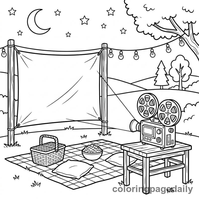 Summer Outdoor Movie Night - Daily printable coloring page in Summer Vacation category