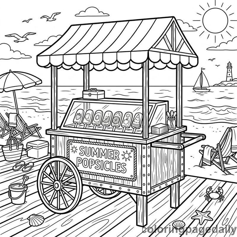 Summer Popsicle Boardwalk Cart - Daily printable coloring page in Summer Vacation category