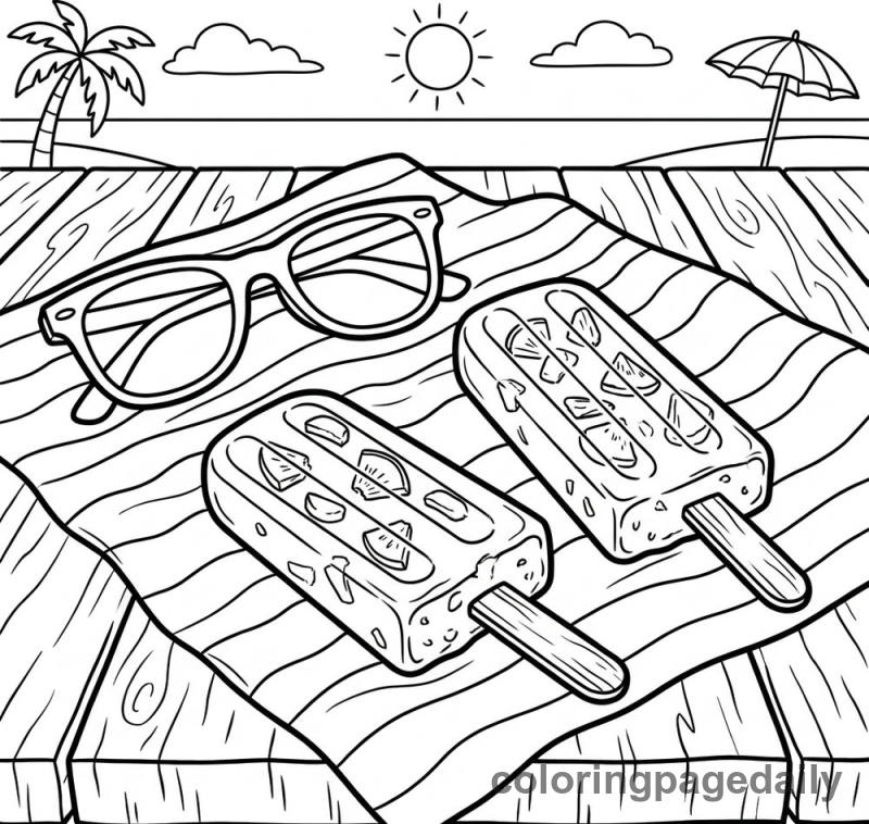 Summer Popsicles And Sunglasses - Daily printable coloring page in Summer Vacation category