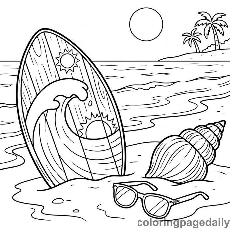 Summer Skimboard On Beach - Daily printable coloring page in Summer Vacation category