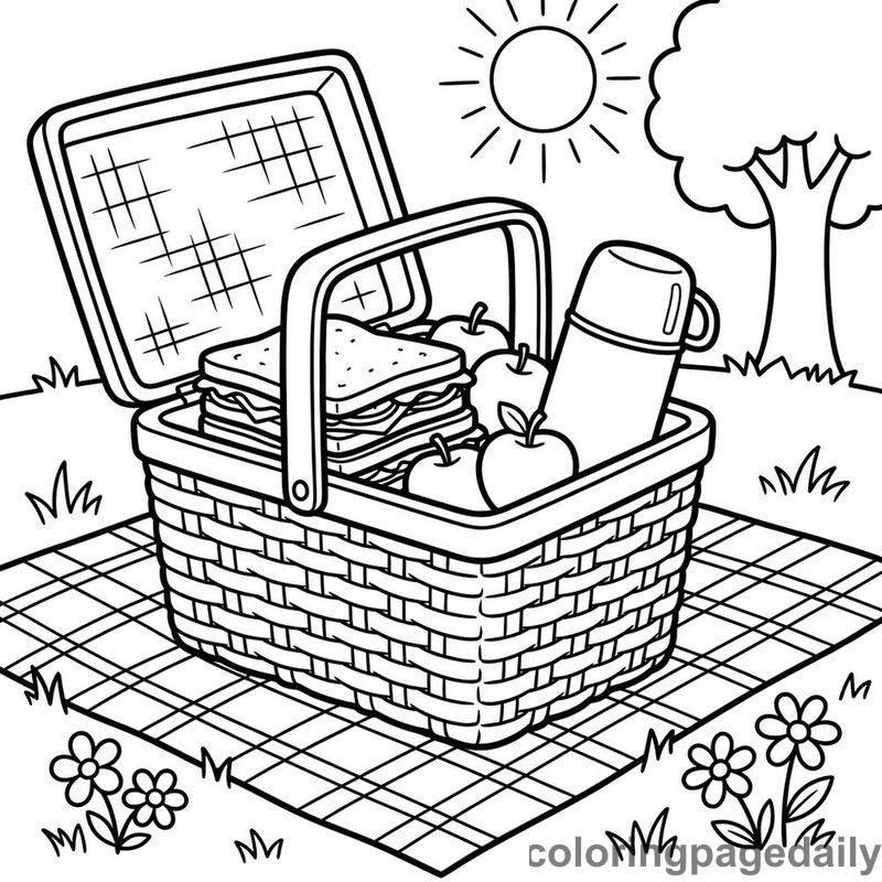 Summer Wicker Picnic Basket - Daily printable coloring page in Summer Vacation category