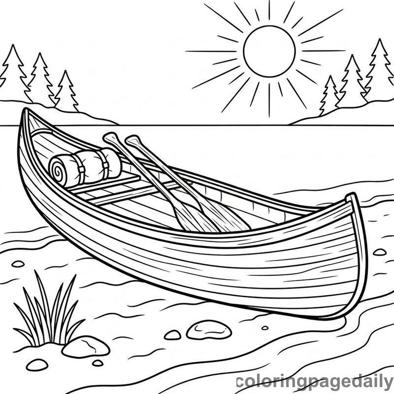 Summer Wooden Camping Canoe - Daily printable coloring page in Summer Vacation category