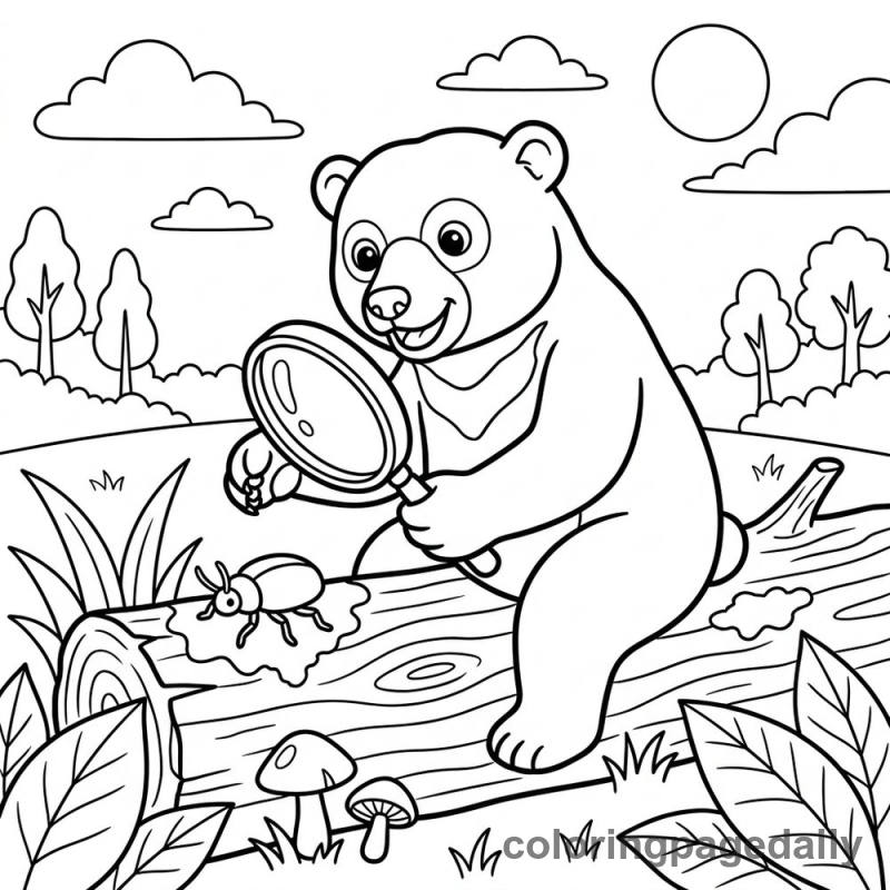 Sun Bear Inspecting Beetle - Daily printable coloring page in Animals category