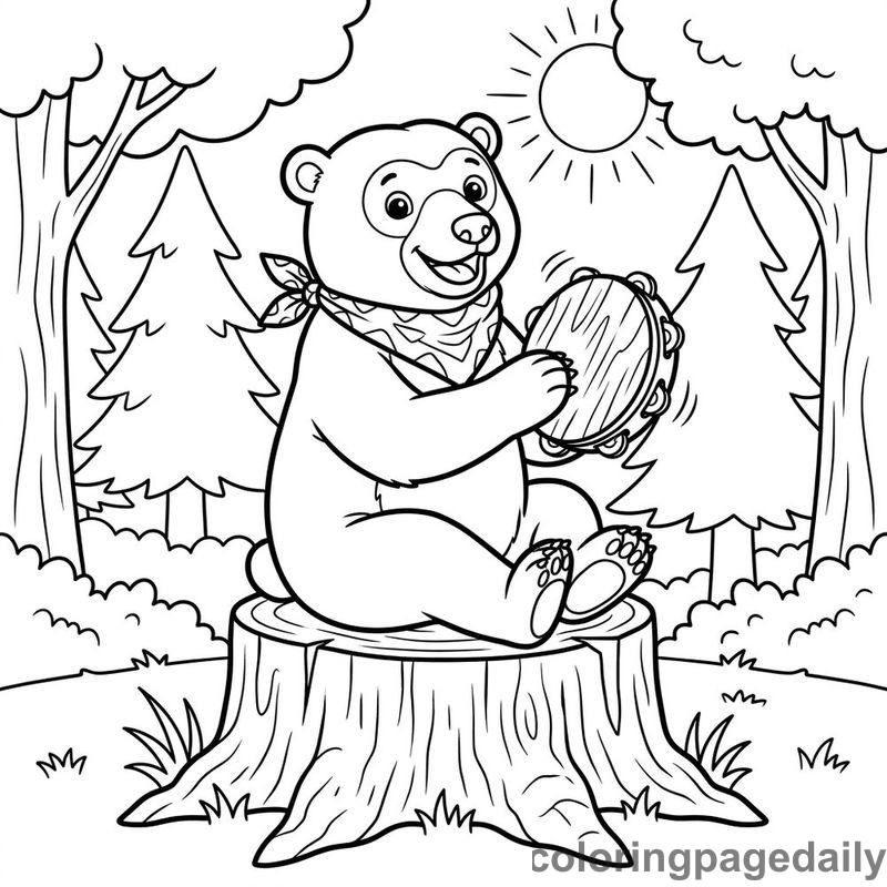 Sun Bear Playing Tambourine - Daily printable coloring page in Animals category