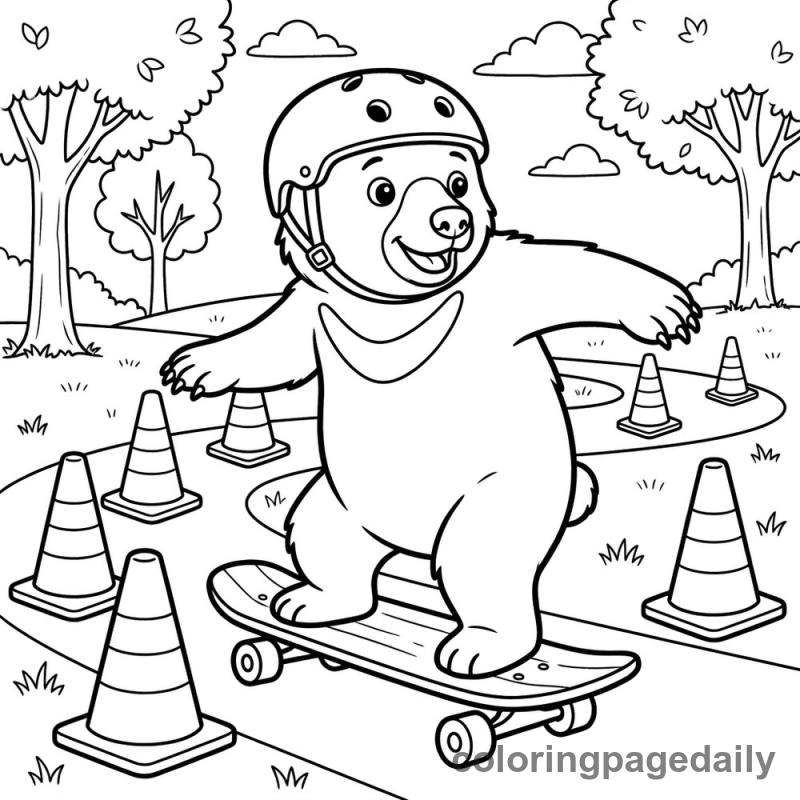 Sun Bear Skateboarding Slalom - Daily printable coloring page in Animals category