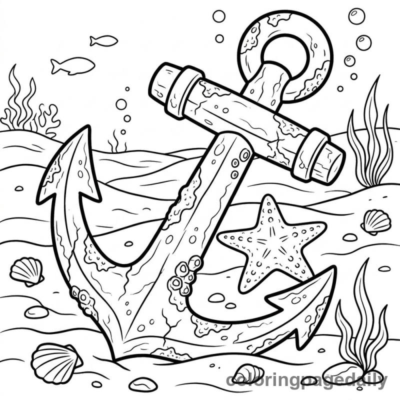 Sunken Ship Anchor - Daily printable coloring page in Ocean and Underwater Life category