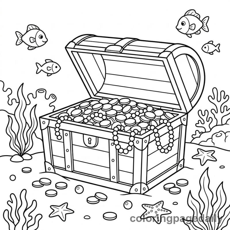 Sunken Treasure Chest - Daily printable coloring page in Ocean and Underwater Life category