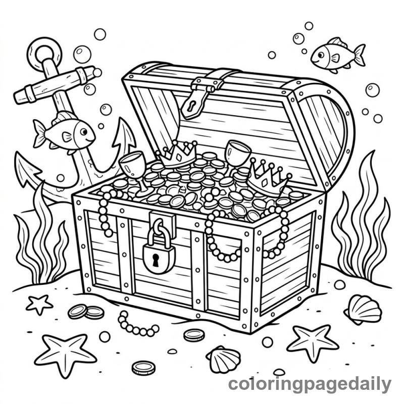 Sunken Treasure Chest - Daily printable coloring page in Ocean and Underwater Life category