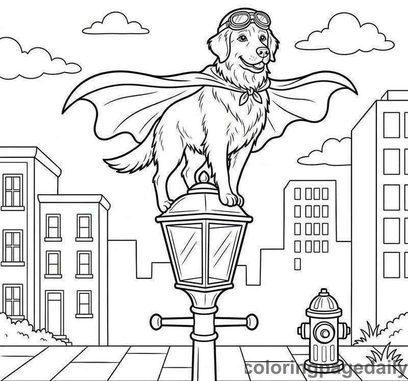 Superhero Dog On Streetlamp - Daily printable coloring page in Superheroes and Action category