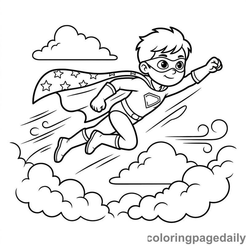 Superhero Flying Through Clouds - Daily printable coloring page in Superheroes and Action category