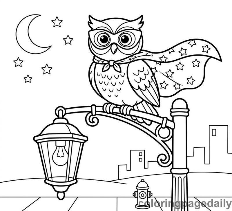 Superhero Owl On Streetlight - Daily printable coloring page in Superheroes and Action category