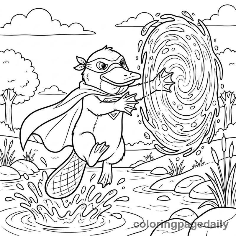 The Brave Platypus Superhero and the Secret Water Shield - story illustration coloring page