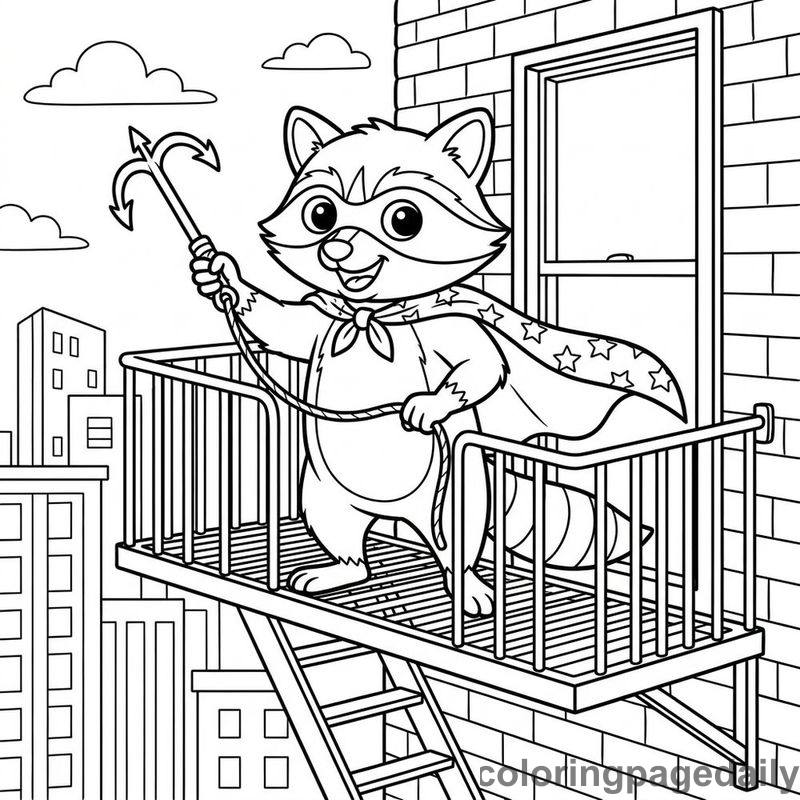 Superhero Raccoon On Fire Escape - Daily printable coloring page in Superheroes and Action category
