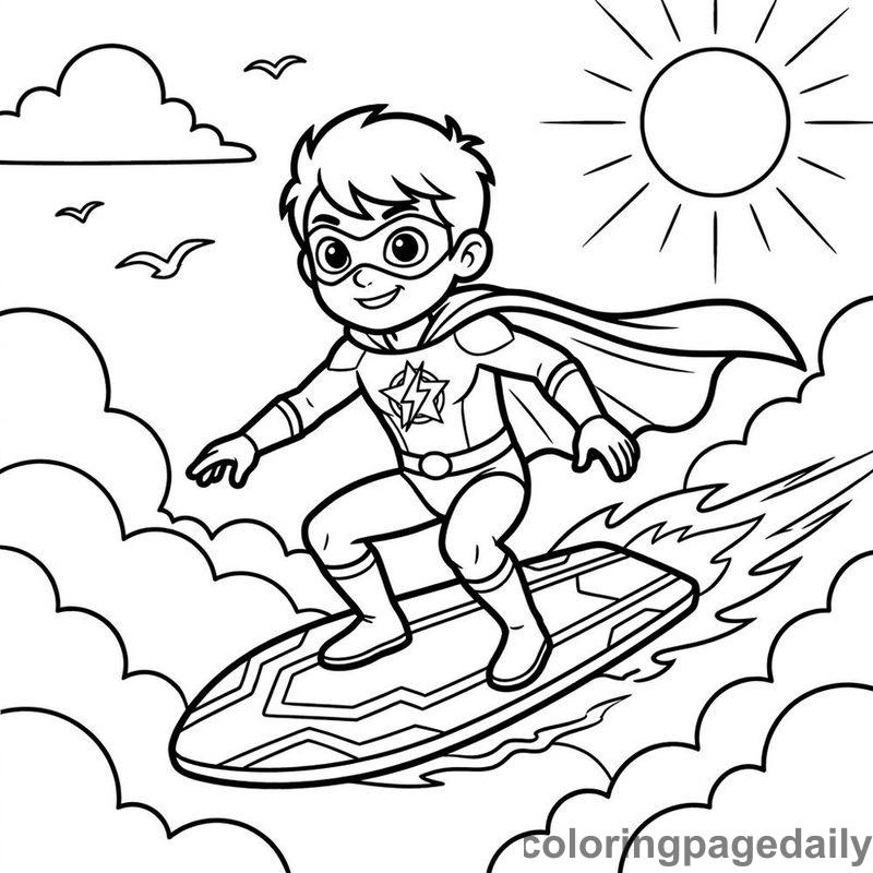 Superhero Surfing Energy Board - Daily printable coloring page in Superheroes and Action category