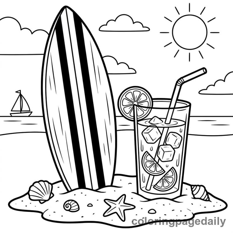 Surfboard And Iced Lemonade - Daily printable coloring page in Summer Vacation category