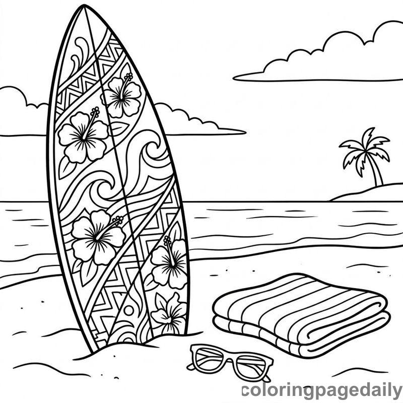 Surfboard Resting On Beach - Colored reference example
