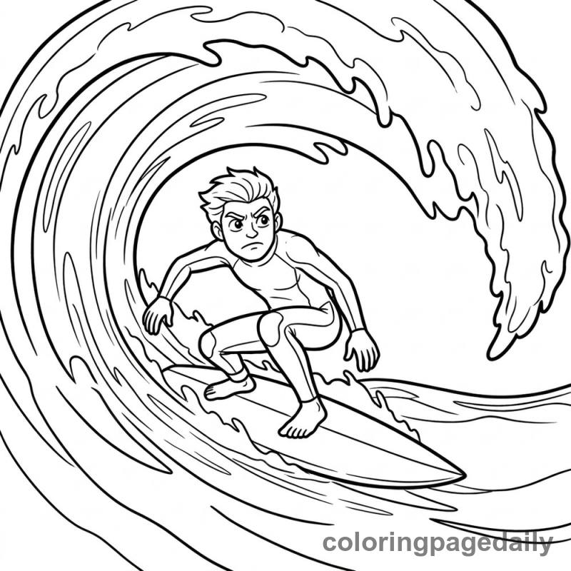 Surfer Riding Wave Barrel - Daily printable coloring page in Sports category