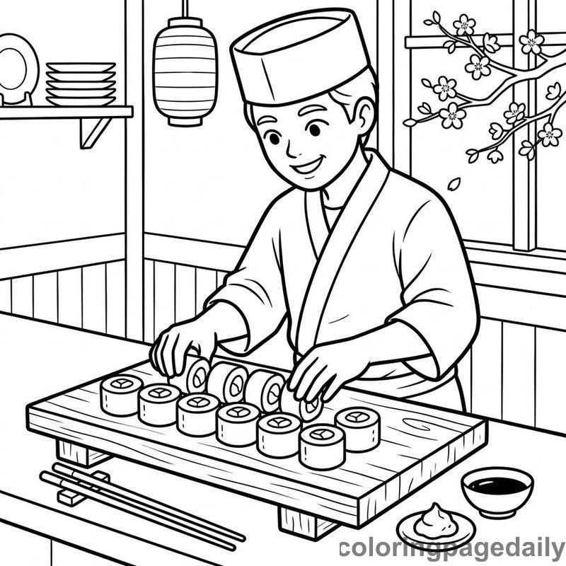 Sushi Chef Arranging Rolls - Colored reference example