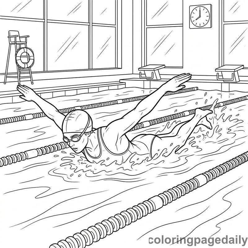 Swimmer Doing Butterfly Stroke - Daily printable coloring page in Sports category