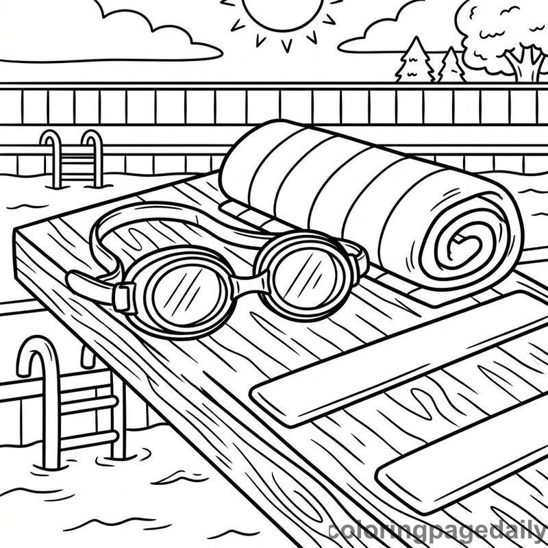 Swimming Goggles And Towel - Daily printable coloring page in Summer Vacation category
