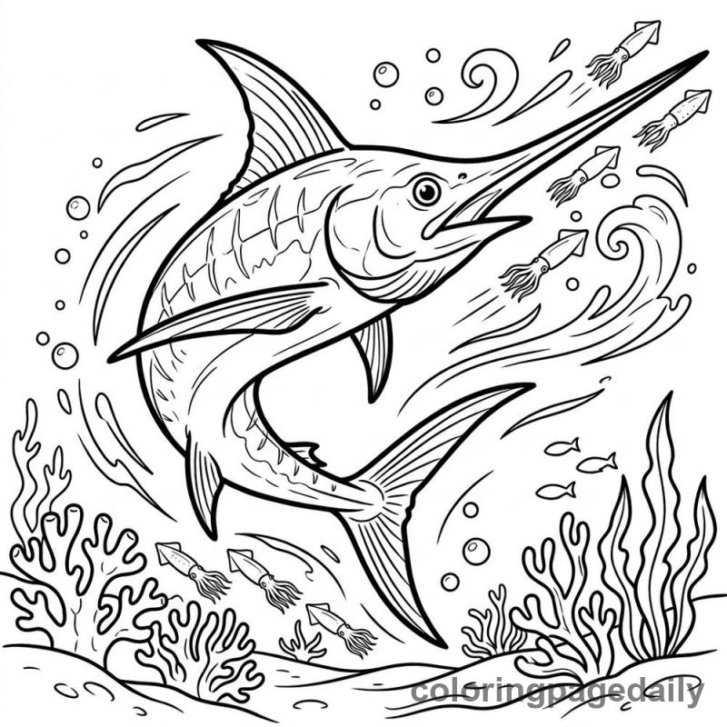 Swordfish Speeding Underwater - Daily printable coloring page in Ocean and Underwater Life category