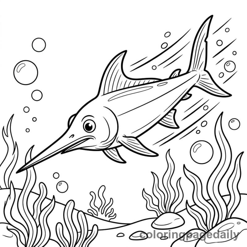 Swordfish Swimming Fast - Daily printable coloring page in Ocean and Underwater Life category