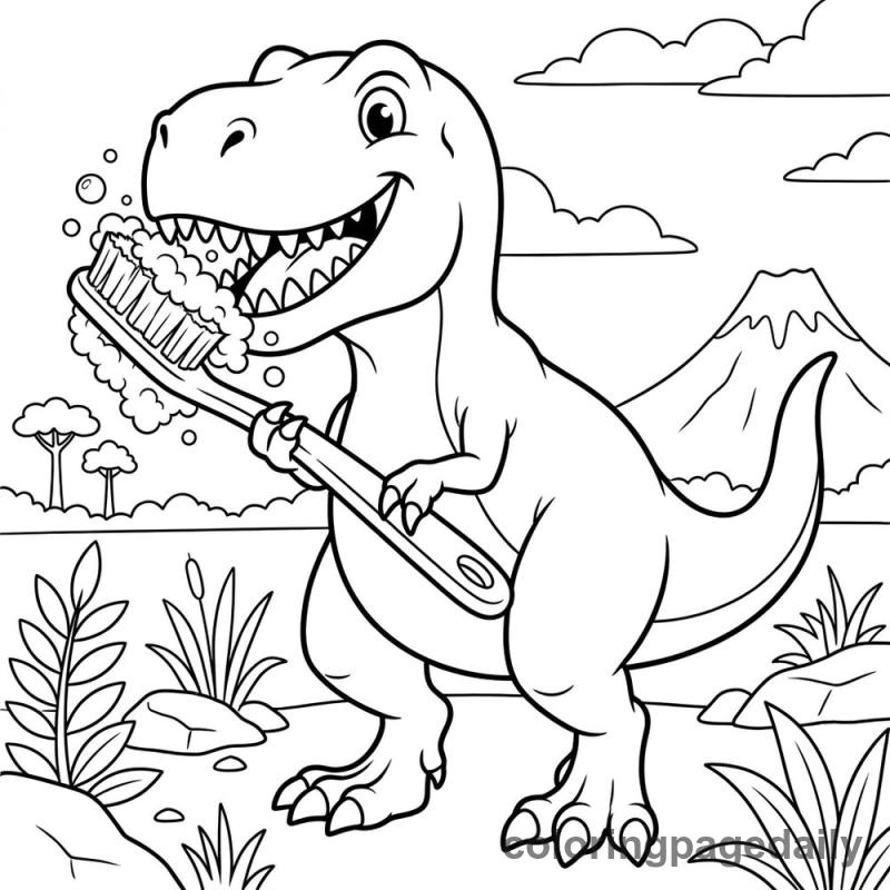 T-Rex Brushing Teeth - Daily printable coloring page in Dinosaur category