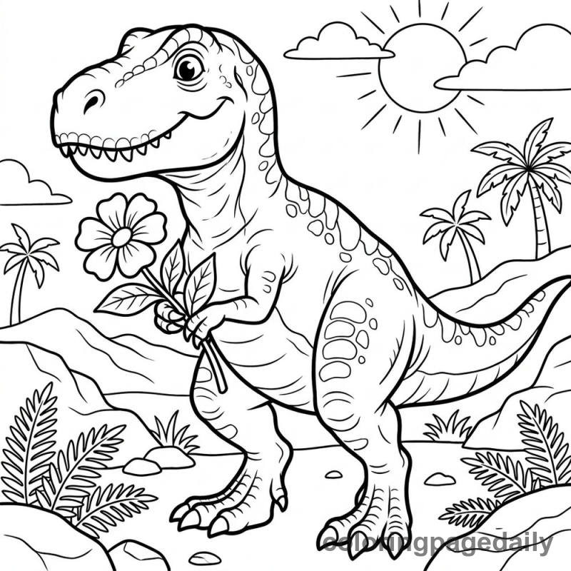 T-Rex Holding Flower - Daily printable coloring page in Dinosaur category