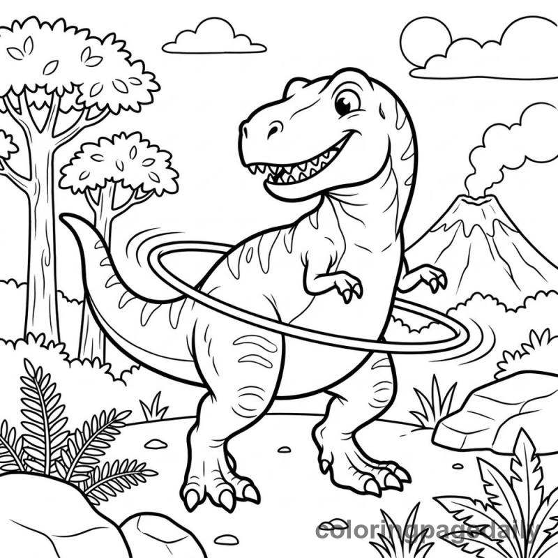 T-Rex Hula Hoop Fun - Daily printable coloring page in Dinosaur category