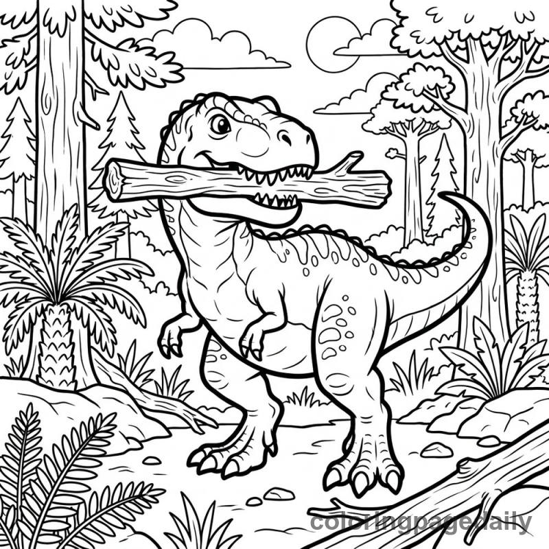 T-Rex Playing Fetch - Daily printable coloring page in Dinosaur category