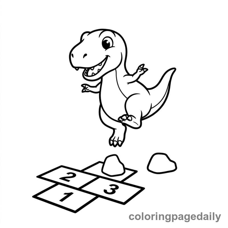 T-Rex Playing Hopscotch - Daily printable coloring page in Dinosaur category