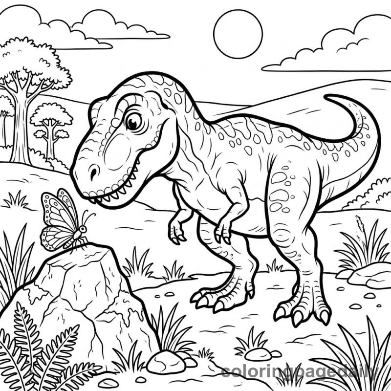 T-Rex and the Butterfly - Daily printable coloring page in Dinosaur category
