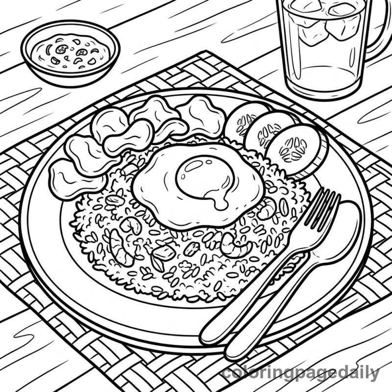 Tasty Indonesian Nasi Goreng - Daily printable coloring page in Food category